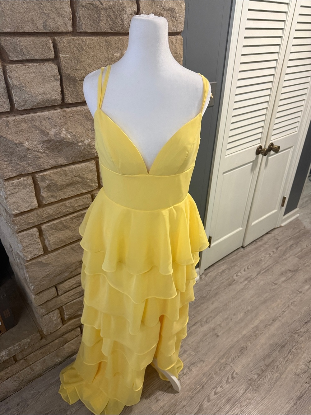 Yellow Ruffle Tiered Prom Dress with Spaghetti Straps